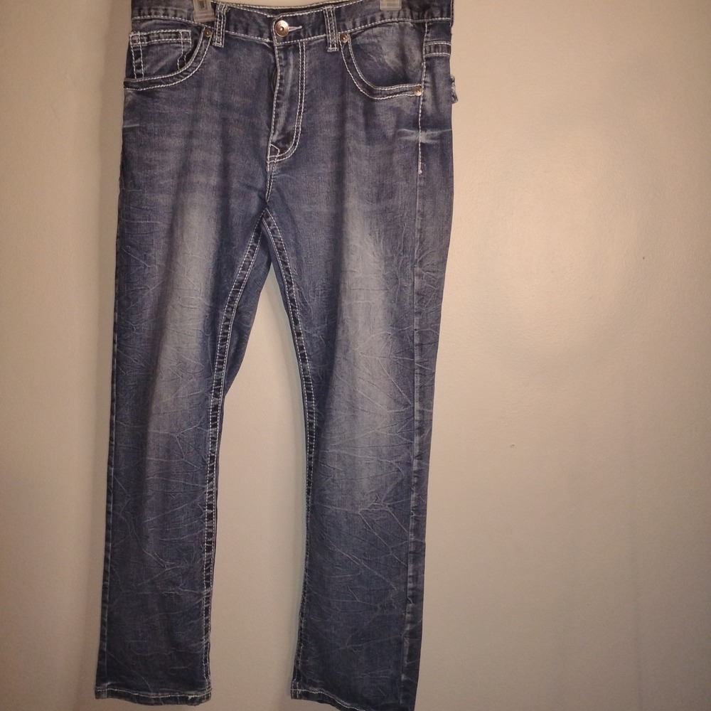 True Luck Jeans Men 36x32 Blue Contrast Stitch Embroidered Flap Pocket Straight